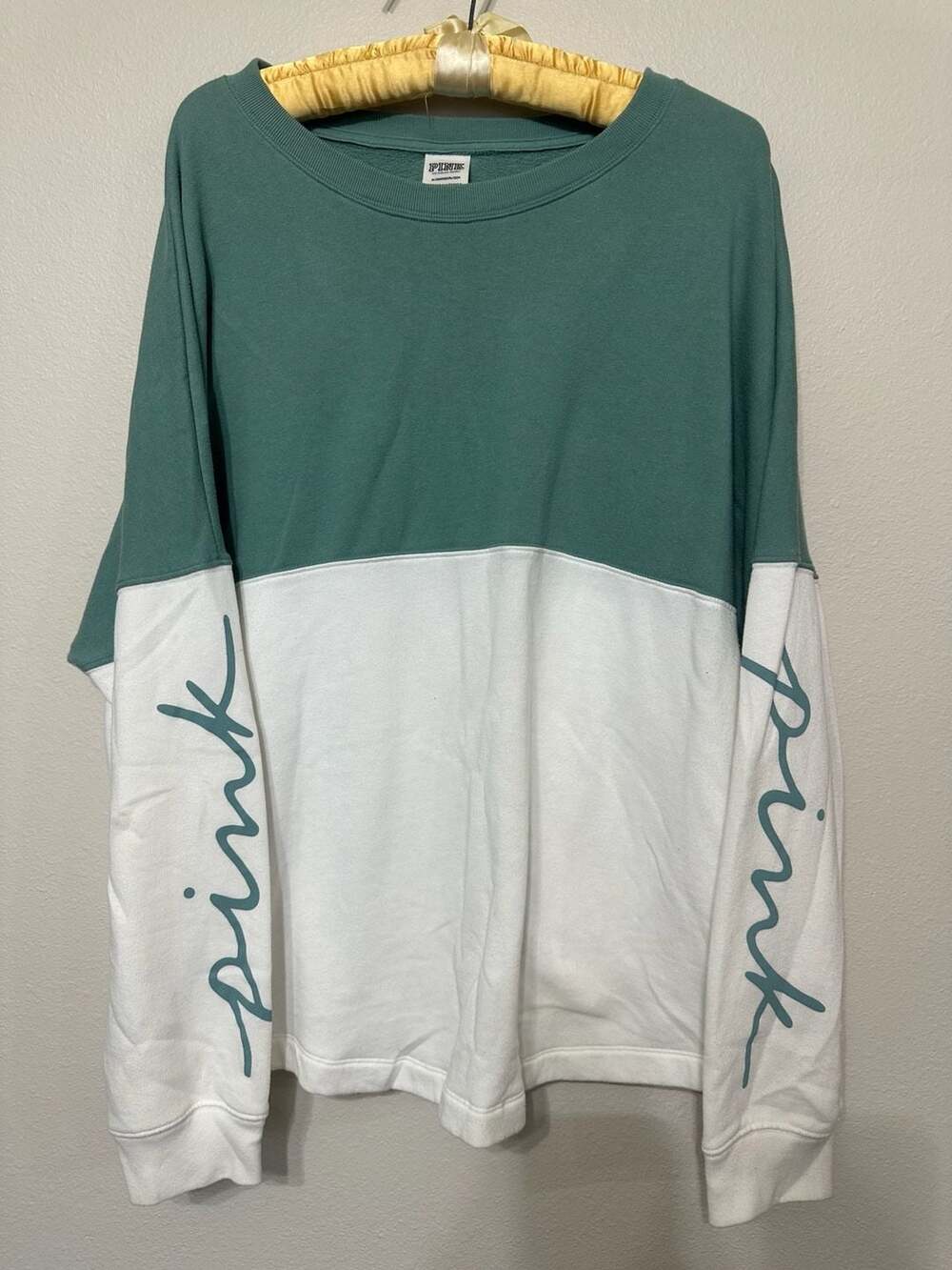 PINK Victoria's Secret Oversized Varsity Crewneck Sweatshirt Green and White